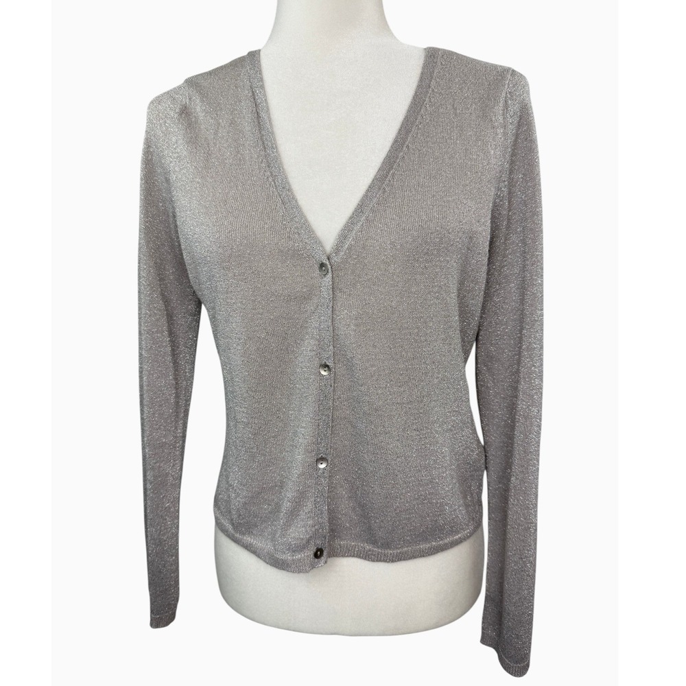H&M Women's L Silver Metallic Shimmer V-Neck Button Front Cropped Cardigan Knit